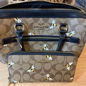 Coach Tan and Black Bee Print Crossbody Bag With Matching Wallett
